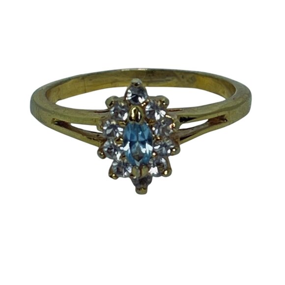 Vintage Gold Tone With Blue And Clear Rhinestones Statement Ring (R390) - Picture 2 of 6